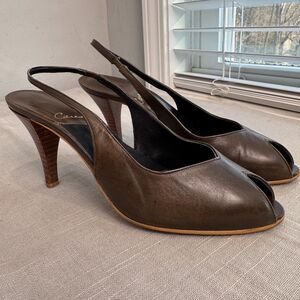 Vintage Caressa Brown Leather Peep Toe Heels Sz 8M Made in Spain